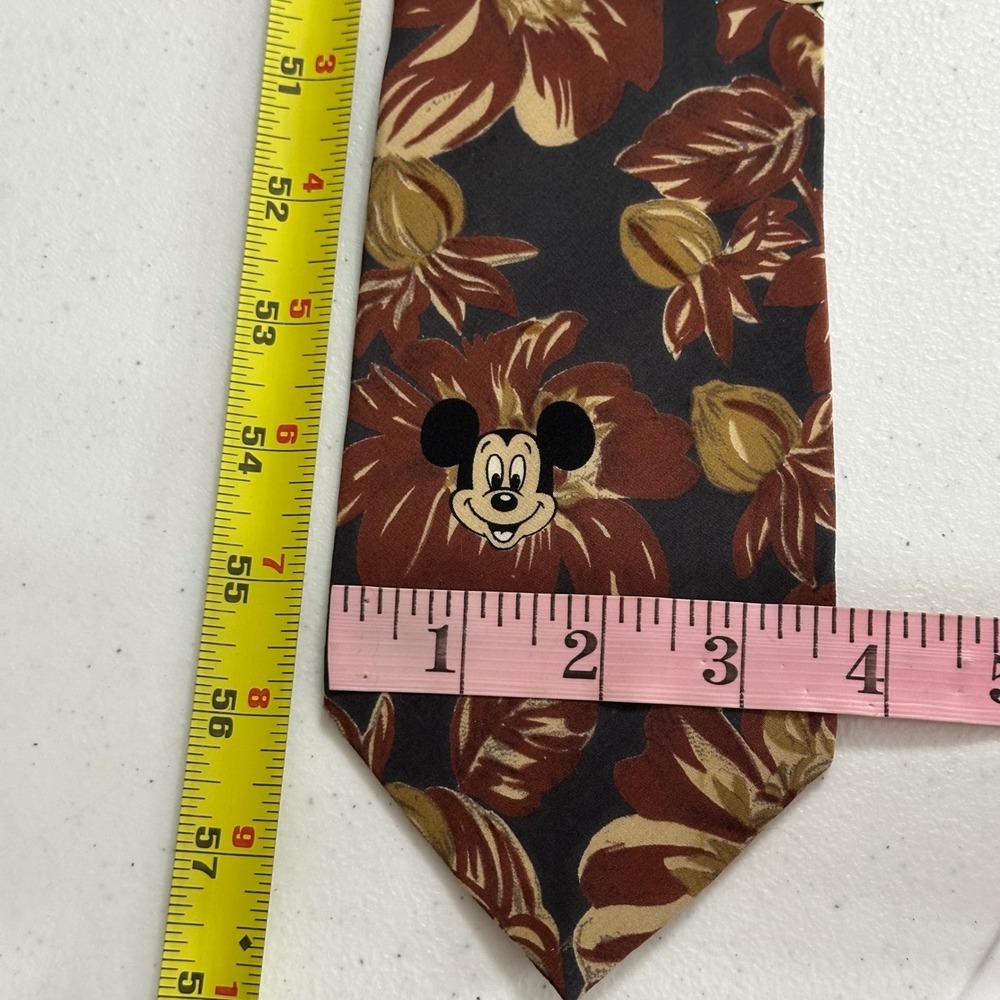 Disney Mickey Mouse Floral Wide Necktie Silk 90's Vintage Brown Tan OS